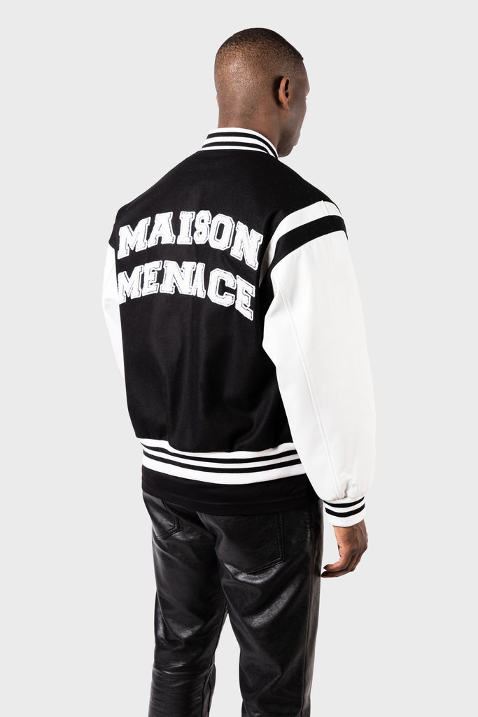 Wool and Lambskin Leather College Bomber Jacket - MAISON MENACE
