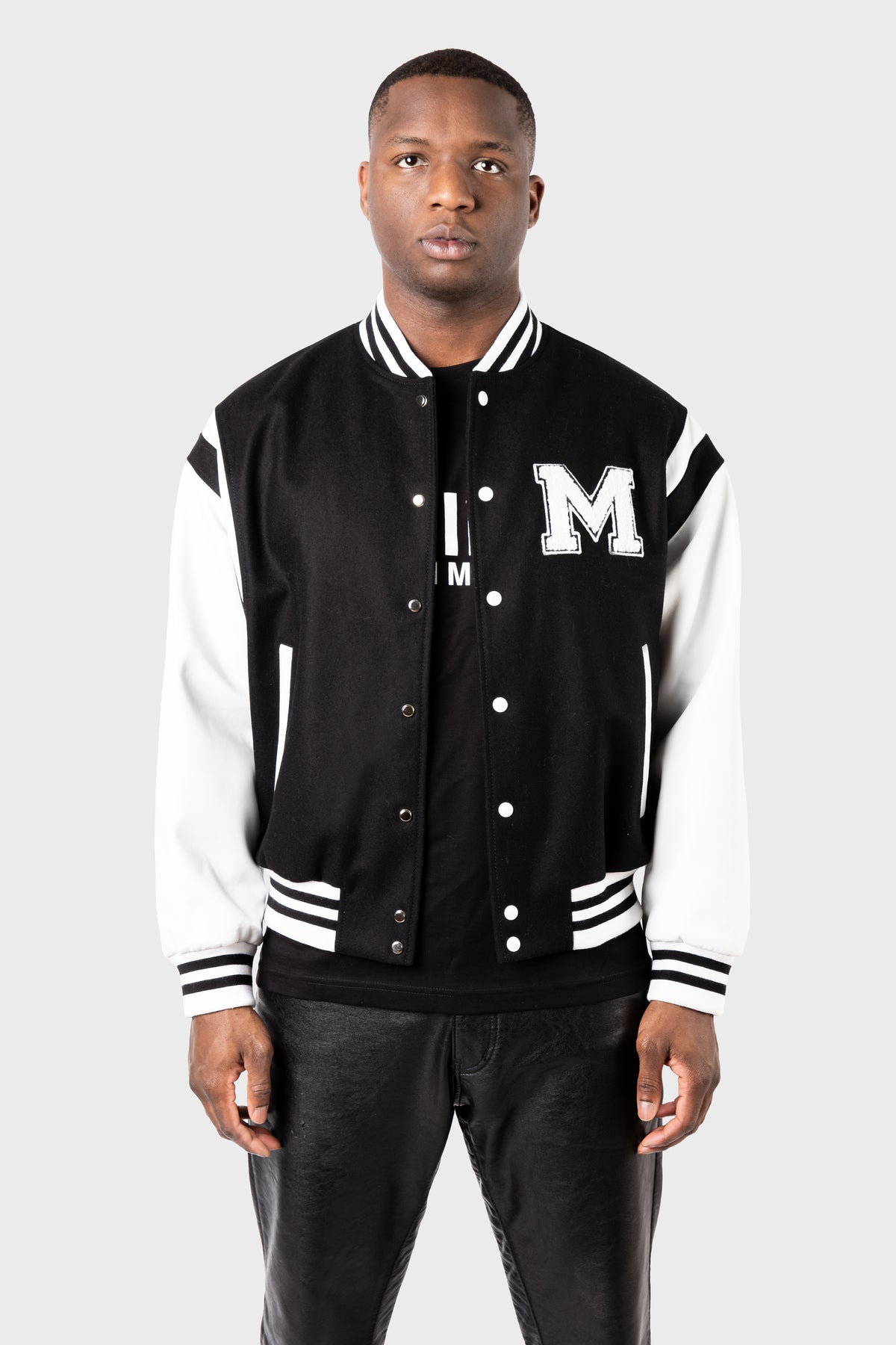 Wool and Lambskin Leather College Bomber Jacket - MAISON MENACE