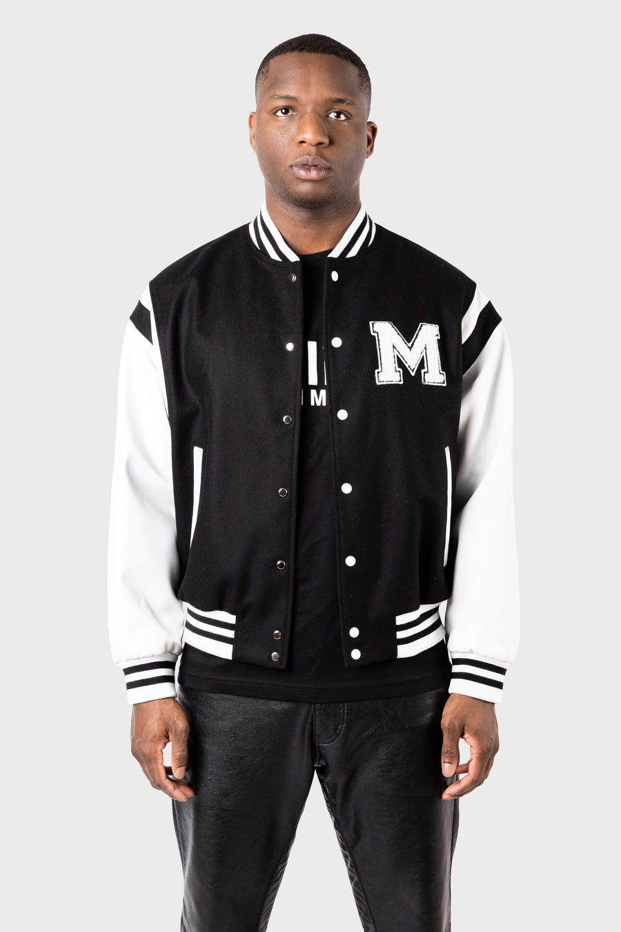 Wool and Lambskin Leather College Bomber Jacket - MAISON MENACE