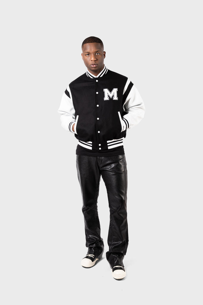 Wool and Lambskin Leather College Bomber Jacket - MAISON MENACE