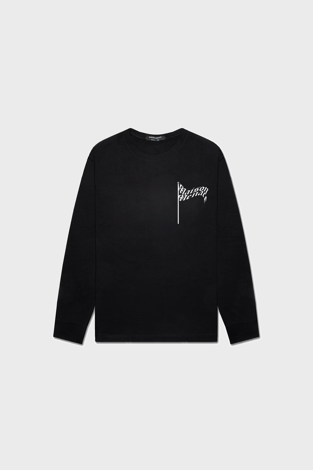 The black Flag Long-Sleeve Shirt by MAISON MENACE is made from soft, organic American-grown SUPIMA® cotton, featuring a small white checkered flag graphic and Dream Racing text on the upper left side. White background.