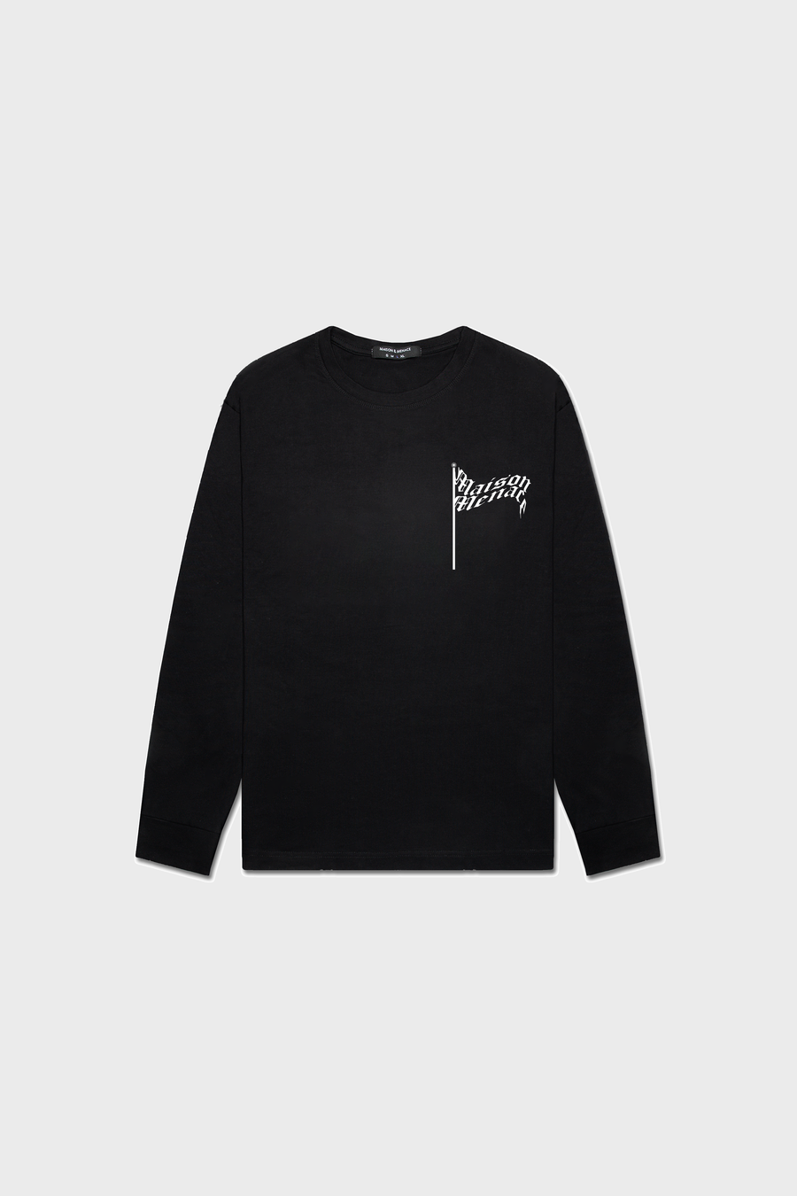 The black Flag Long-Sleeve Shirt by MAISON MENACE is made from soft, organic American-grown SUPIMA® cotton, featuring a small white checkered flag graphic and Dream Racing text on the upper left side. White background.