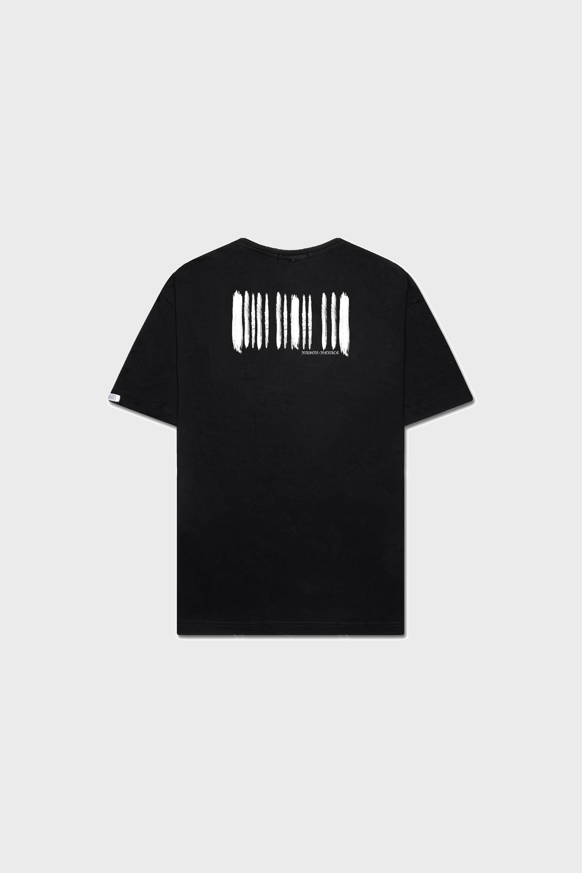 The MAISON MENACE BARCODE PAINT T-SHIRT is crafted from soft organic cotton, featuring a striking brushstroke print with bold white vertical designs across the upper back.