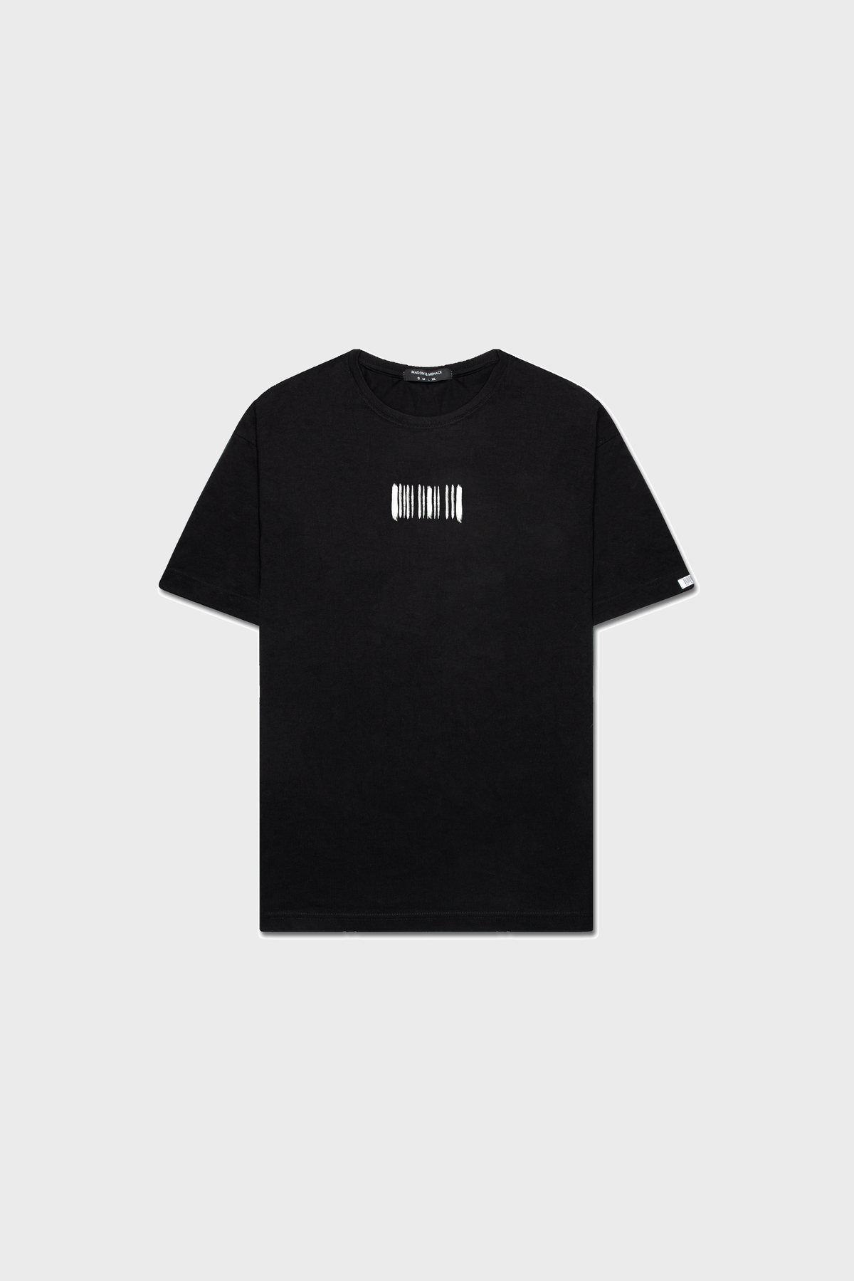 The BARCODE PAINT T-SHIRT by MAISON MENACE is a black t-shirt made from SUPIMA® cotton, featuring a white barcode-style design on the front with a light gray background.