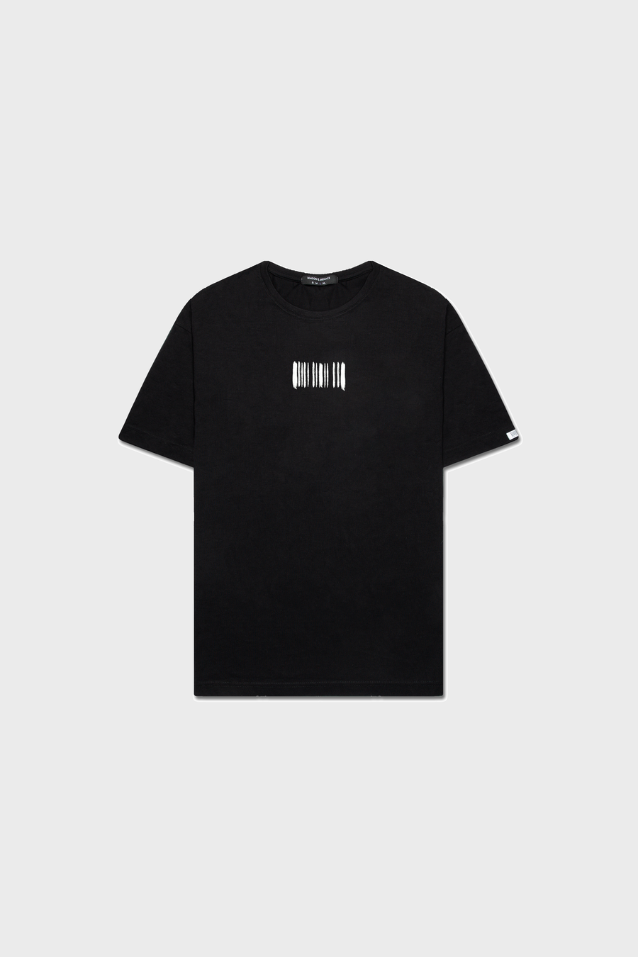 The BARCODE PAINT T-SHIRT by MAISON MENACE is a black t-shirt made from SUPIMA® cotton, featuring a white barcode-style design on the front with a light gray background.