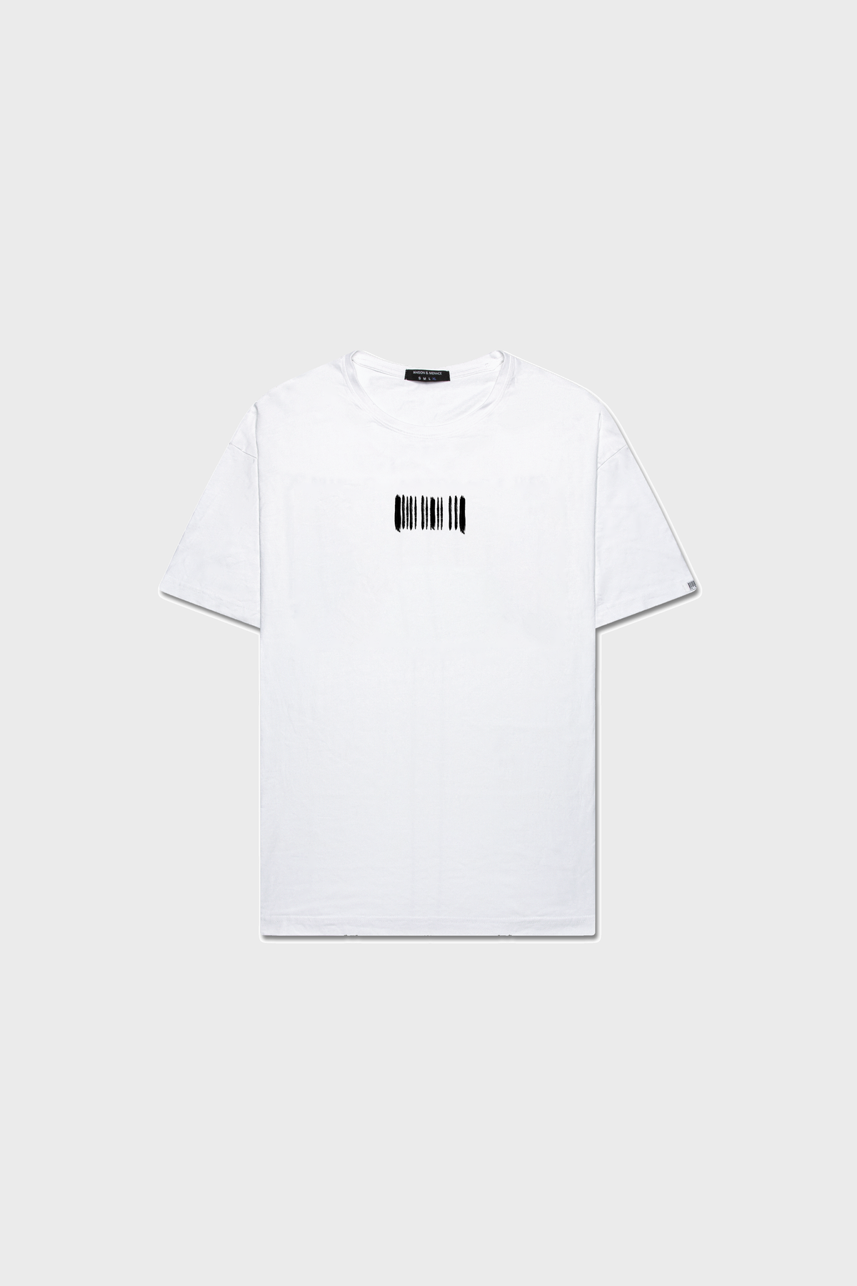 The BARCODE PAINT T-SHIRT by MAISON MENACE is a plain white, short-sleeve tee made from organic American-grown SUPIMA® cotton, featuring a small black rectangular graphic with an abstract brushstroke print on the chest.