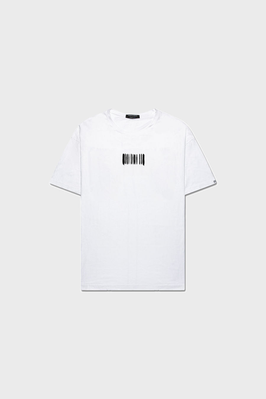The BARCODE PAINT T-SHIRT by MAISON MENACE is a plain white, short-sleeve tee made from organic American-grown SUPIMA® cotton, featuring a small black rectangular graphic with an abstract brushstroke print on the chest.