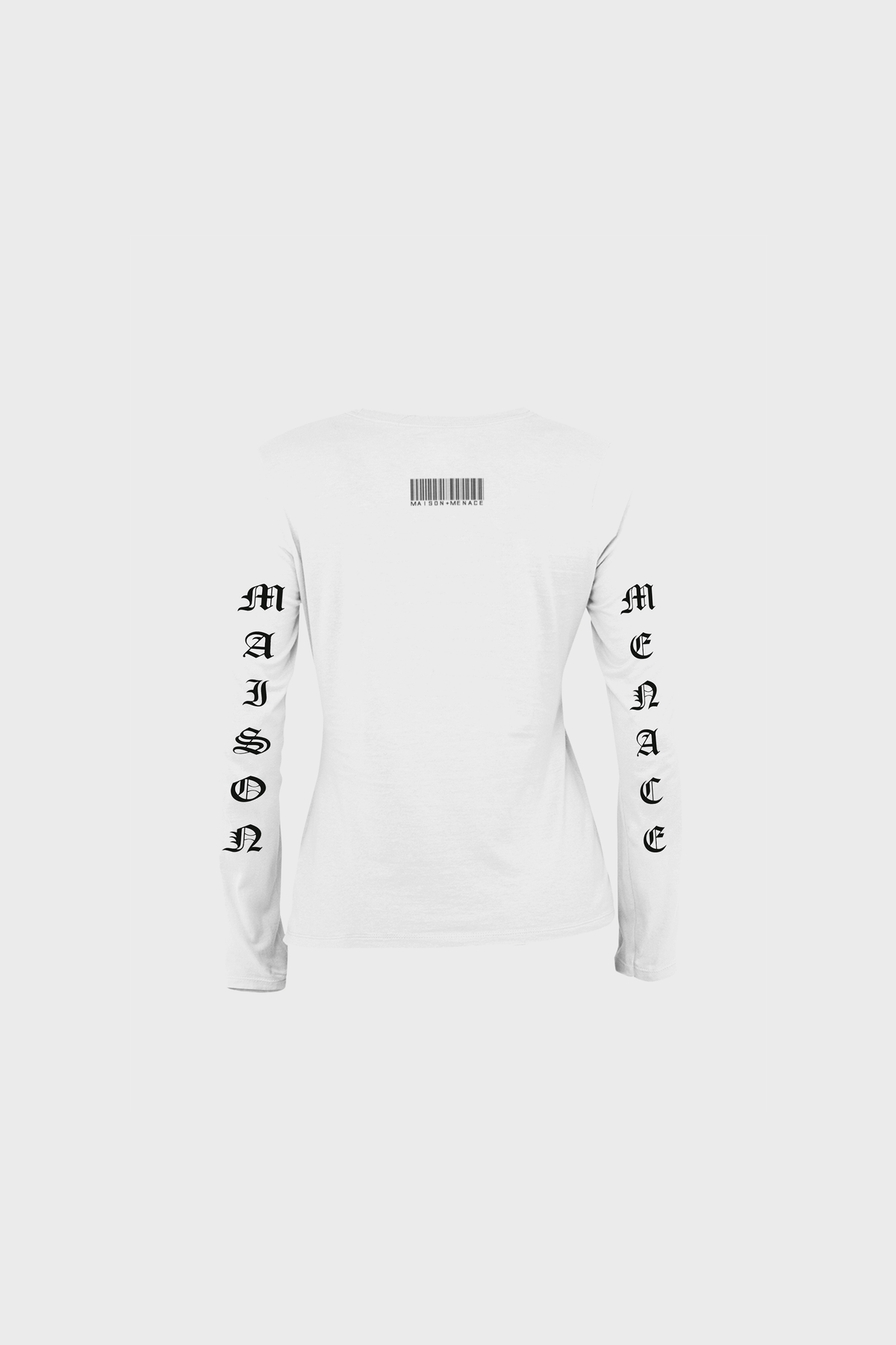 The BARCODE PORTRAIT LONG-SLEEVE SHIRT by MAISON MENACE features a back view of a white SUPIMA® cotton shirt with MAISON on the left sleeve and MENACE on the right, both in black Gothic font, plus a small barcode design on the upper back, underscoring its American-grown organic heritage.