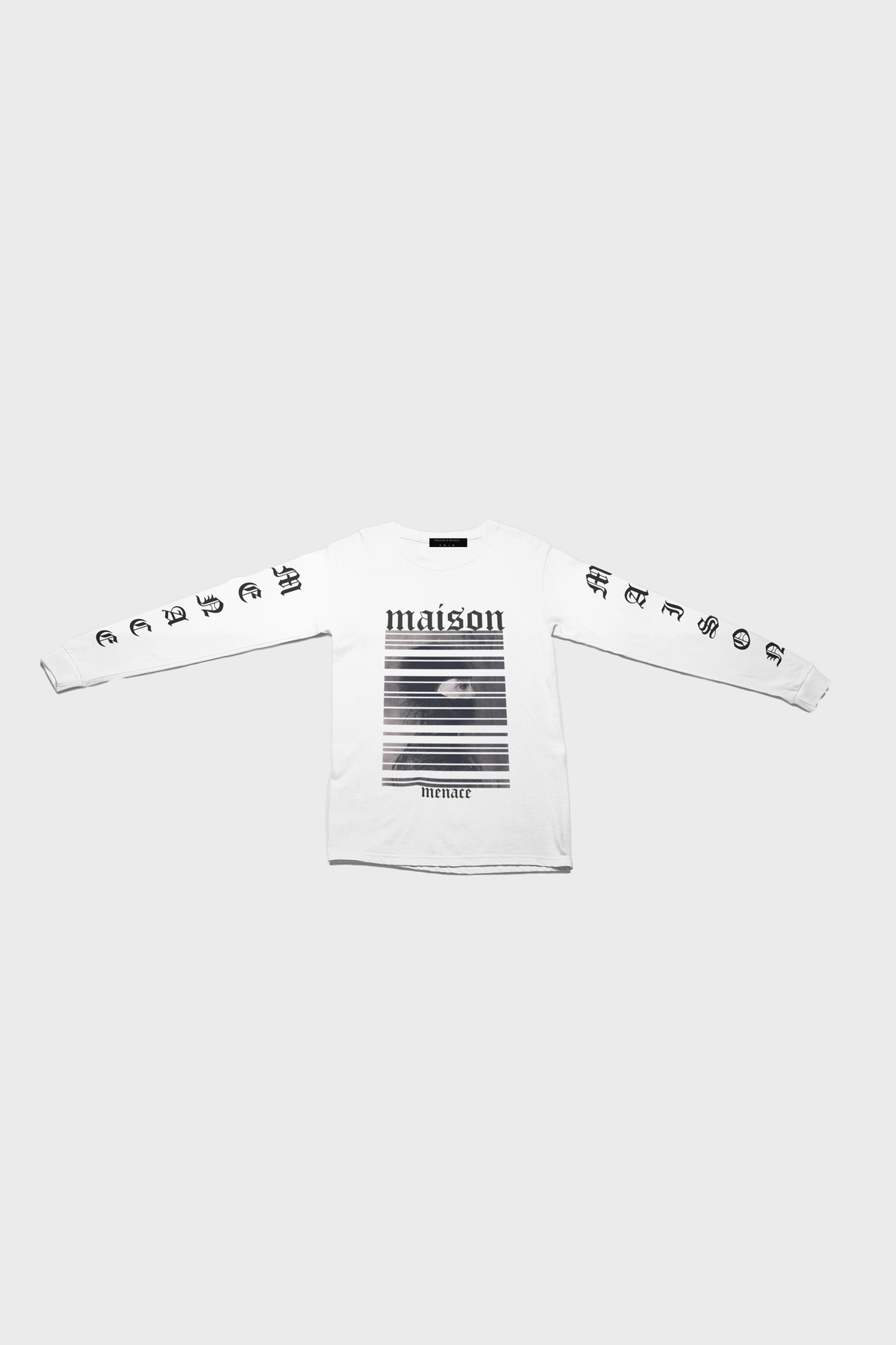 The BARCODE PORTRAIT LONG-SLEEVE SHIRT by MAISON MENACE is made from 100% organic American-grown SUPIMA® cotton. It features maison, a charming moon and star striped design on the front, and Gothic font text down the sleeves on a plain gray background.