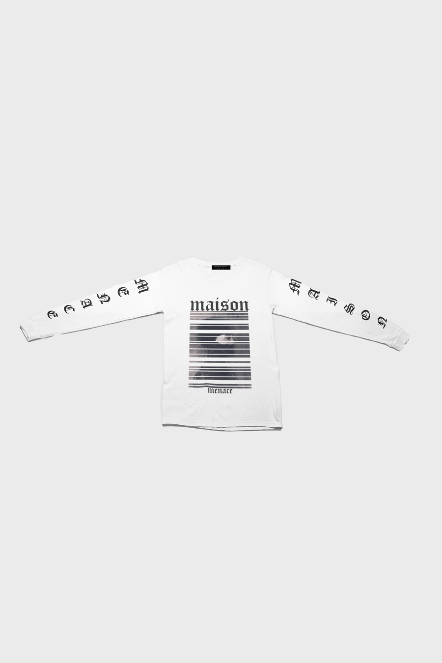 The BARCODE PORTRAIT LONG-SLEEVE SHIRT by MAISON MENACE is made from 100% organic American-grown SUPIMA® cotton. It features maison, a charming moon and star striped design on the front, and Gothic font text down the sleeves on a plain gray background.