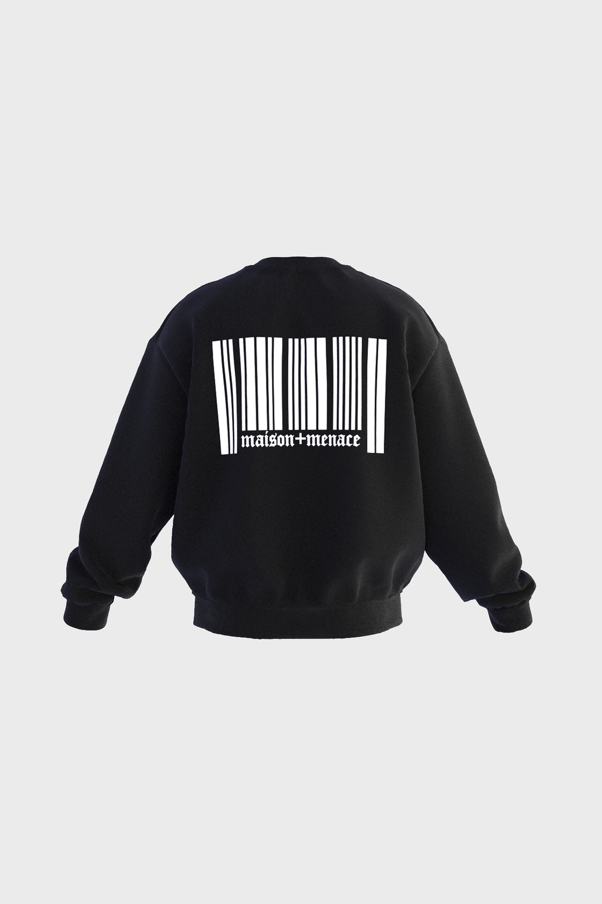 Black Block Barcode Crewneck by MAISON MENACE, crafted in Portugal from 100% cotton, features a large white barcode print with maison+menace text on the back.