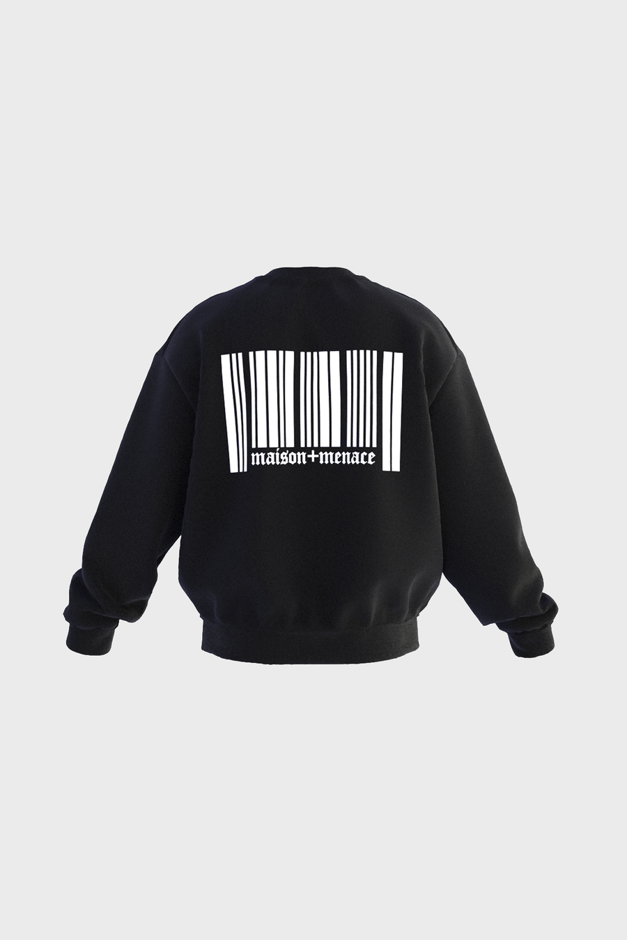 Black Block Barcode Crewneck by MAISON MENACE, crafted in Portugal from 100% cotton, features a large white barcode print with maison+menace text on the back.