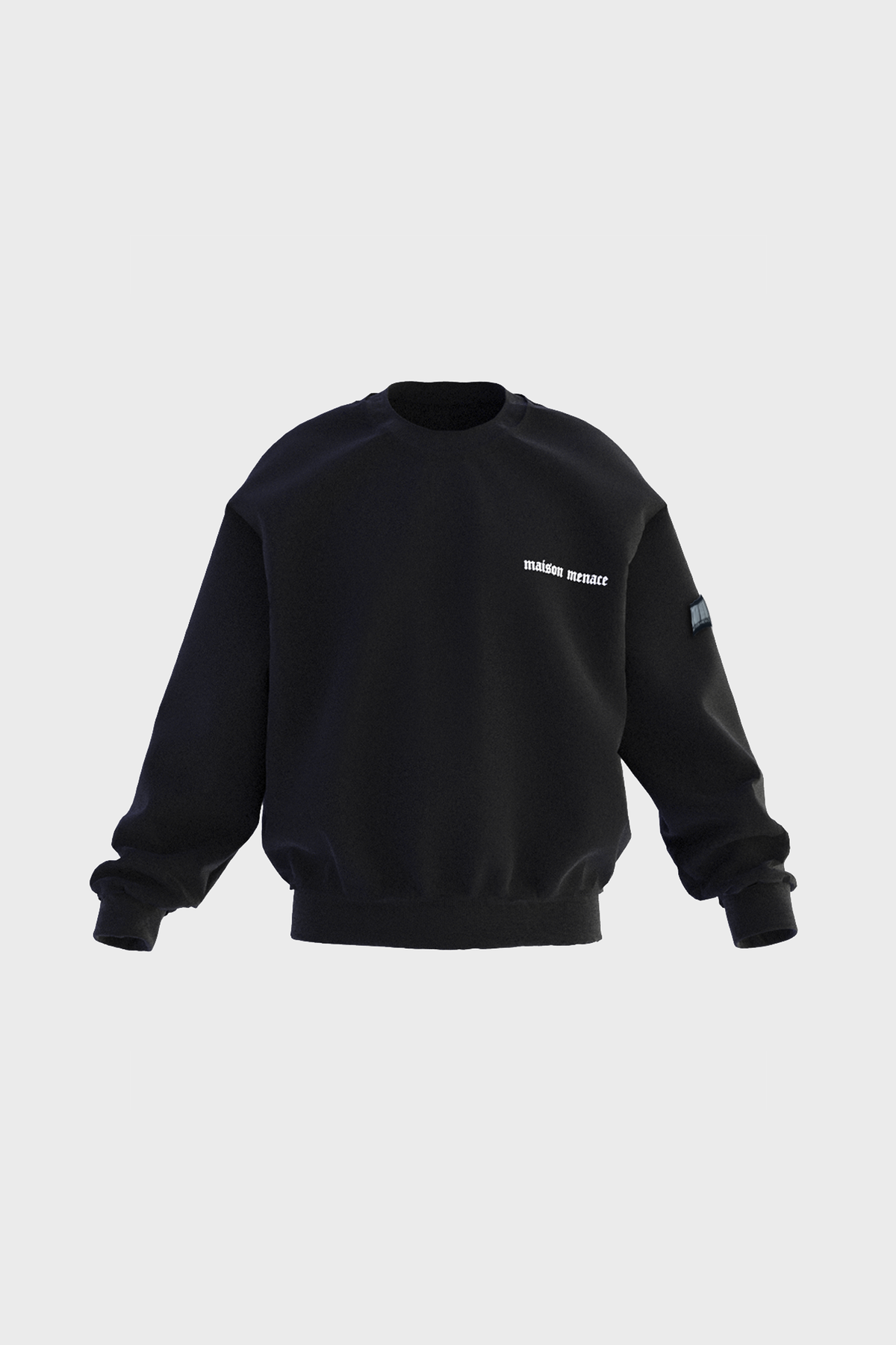 The Block Barcode Crewneck from MAISON MENACE is a black sweatshirt with long sleeves. Crafted in Portugal from 100% cotton, it displays maison menace in small white letters on the front left side. Photographed against a white background.