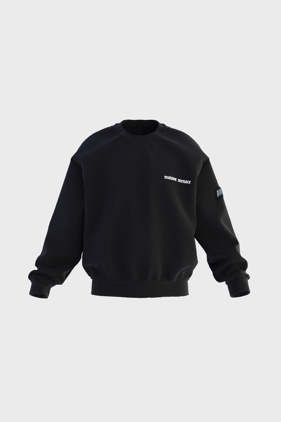 The Block Barcode Crewneck from MAISON MENACE is a black sweatshirt with long sleeves. Crafted in Portugal from 100% cotton, it displays maison menace in small white letters on the front left side. Photographed against a white background.