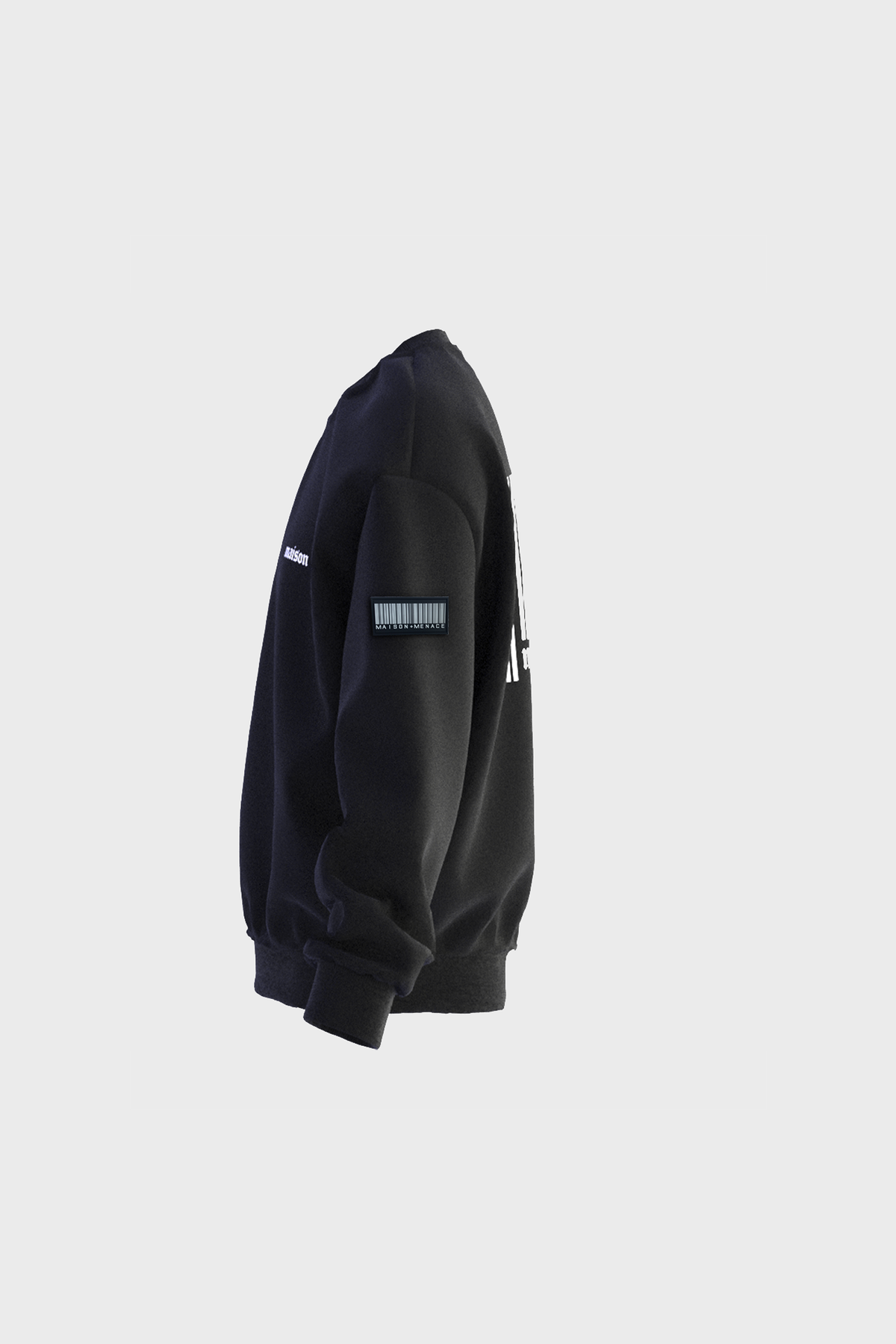 The Block Barcode Crewneck by MAISON MENACE is a black 100% cotton sweatshirt, crafted in Portugal. It features long sleeves, a ribbed hem, white text on the back, and a small patch on the left arm, all displayed on a gray background.