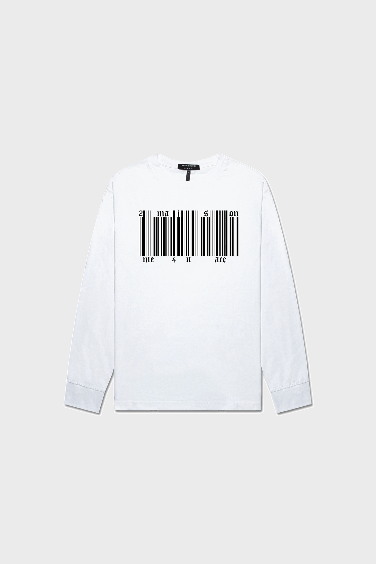 The Broken Barcode Long-Sleeve Shirt by MAISON MENACE, made from organic American-grown SUPIMA® cotton, is white with a black barcode design on the chest, shown on a plain light gray background.