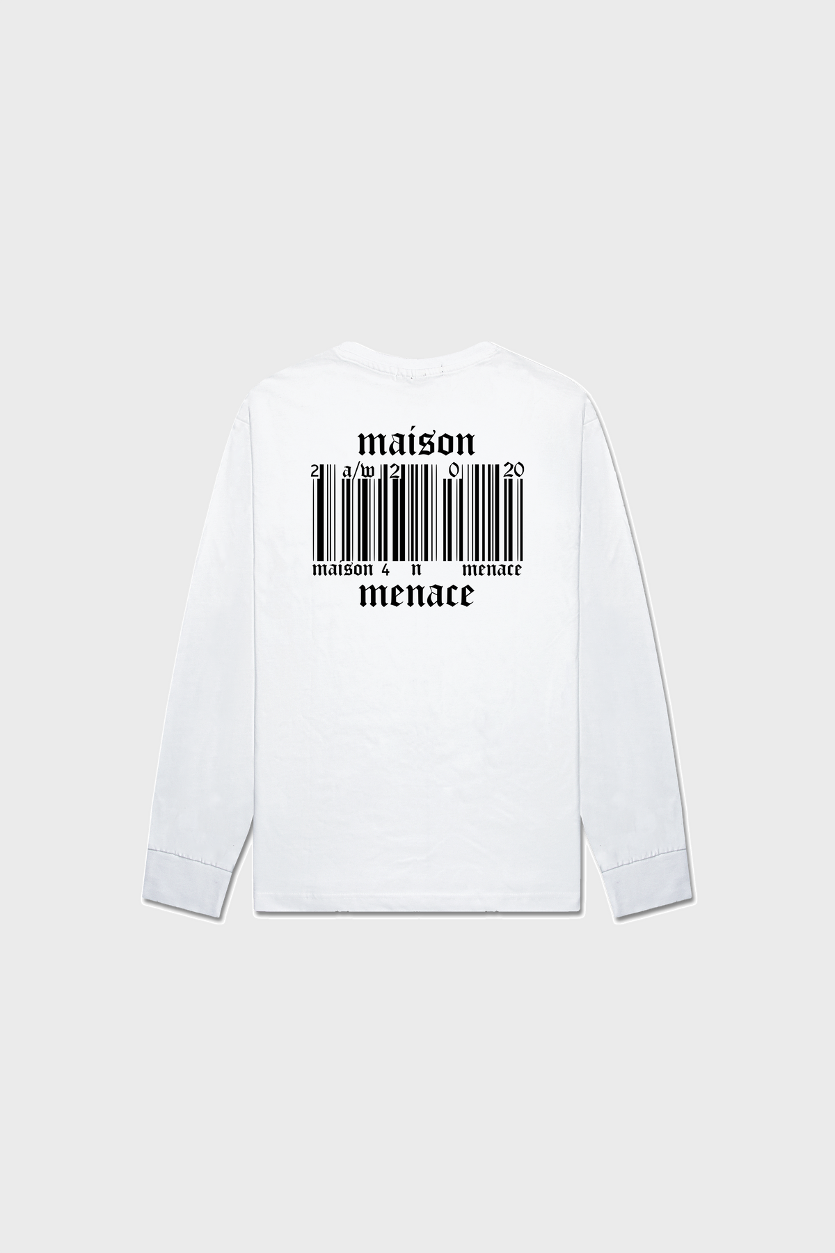 The Broken Barcode Long-Sleeve Shirt from MAISON MENACE is white, features a creative barcode design on the back, and is made from organic American-grown SUPIMA® cotton with maison and menace cleverly integrated.