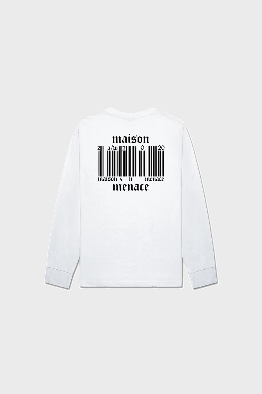 The Broken Barcode Long-Sleeve Shirt from MAISON MENACE is white, features a creative barcode design on the back, and is made from organic American-grown SUPIMA® cotton with maison and menace cleverly integrated.