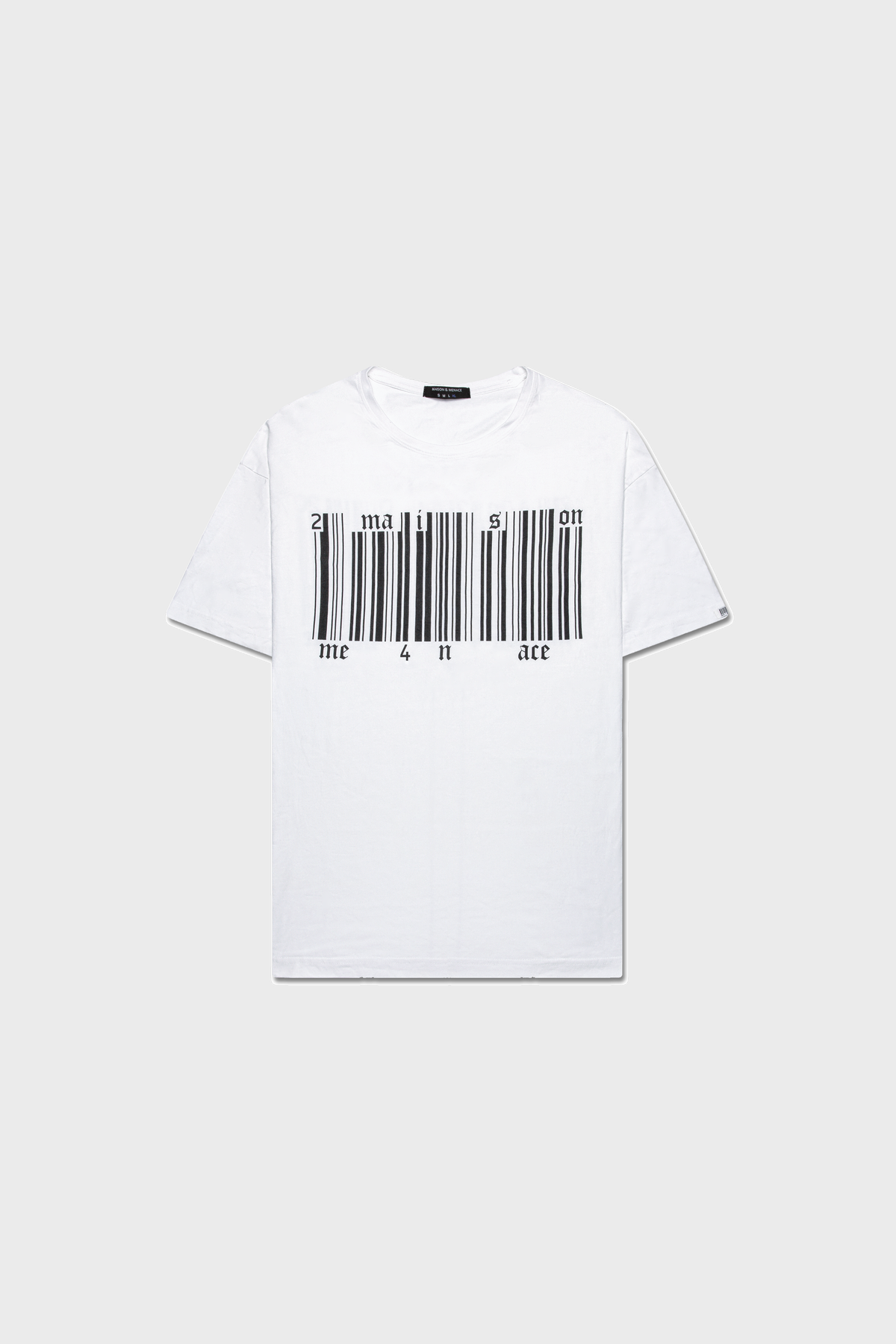 The Broken Barcode T-Shirt by MAISON MENACE is a white organic cotton shirt with a black barcode graphic on the front. Within the barcodes lines, it reads Scan me to make a face, all set against a plain gray backdrop.