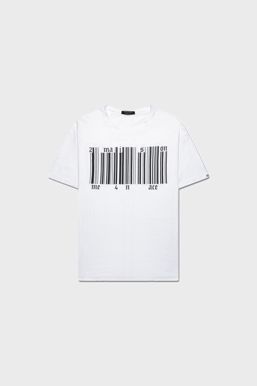 The Broken Barcode T-Shirt by MAISON MENACE is a white organic cotton shirt with a black barcode graphic on the front. Within the barcodes lines, it reads Scan me to make a face, all set against a plain gray backdrop.