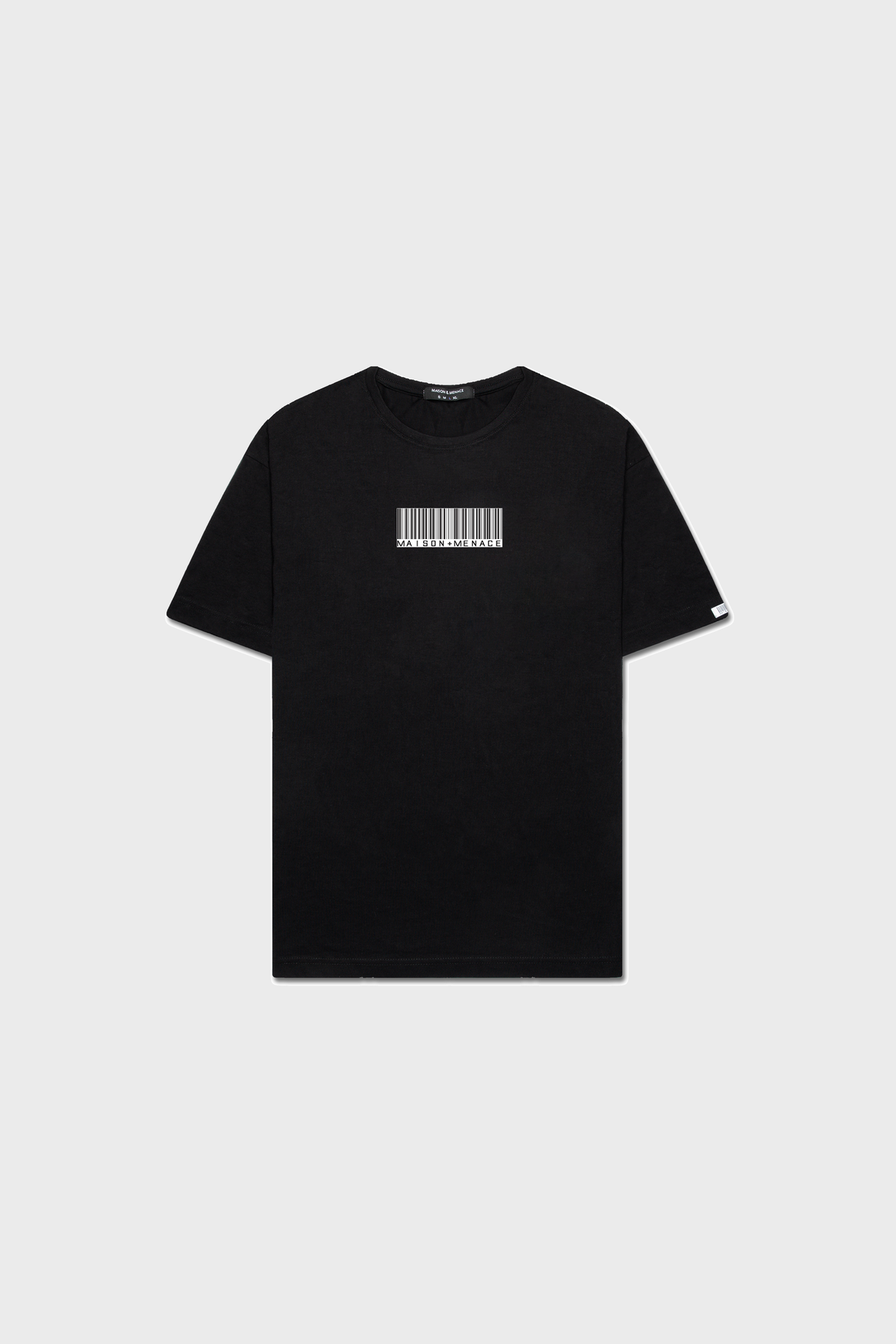 The Limited Edition Bushido T-Shirt by MAISON MENACE boasts a striking white barcode on a gray background, crafted from SUPIMA® cotton for ultimate comfort and durability using sustainably sourced Organic American Grown materials.