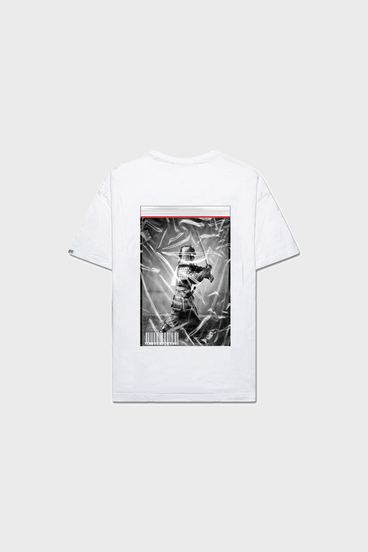 The limited edition Bushido T-Shirt from MAISON MENACE showcases a black and white dynamic figure amid abstract smoke patterns on the back. Made from organic American grown SUPIMA® cotton, it embodies a minimalist, artistic aesthetic.