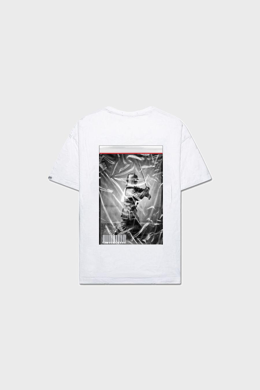 The limited edition Bushido T-Shirt from MAISON MENACE showcases a black and white dynamic figure amid abstract smoke patterns on the back. Made from organic American grown SUPIMA® cotton, it embodies a minimalist, artistic aesthetic.