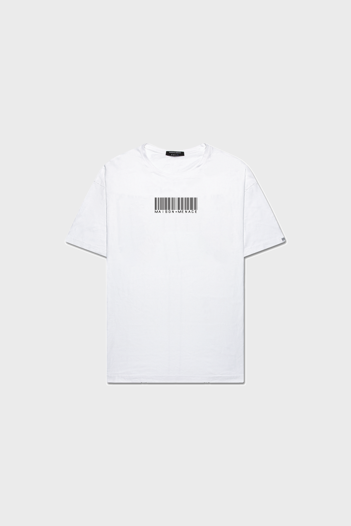 The Limited Edition Bushido T-Shirt by MAISON MENACE, crafted from organic American SUPIMA® cotton, features a sleek black barcode design on the front and is showcased against a plain gray background.