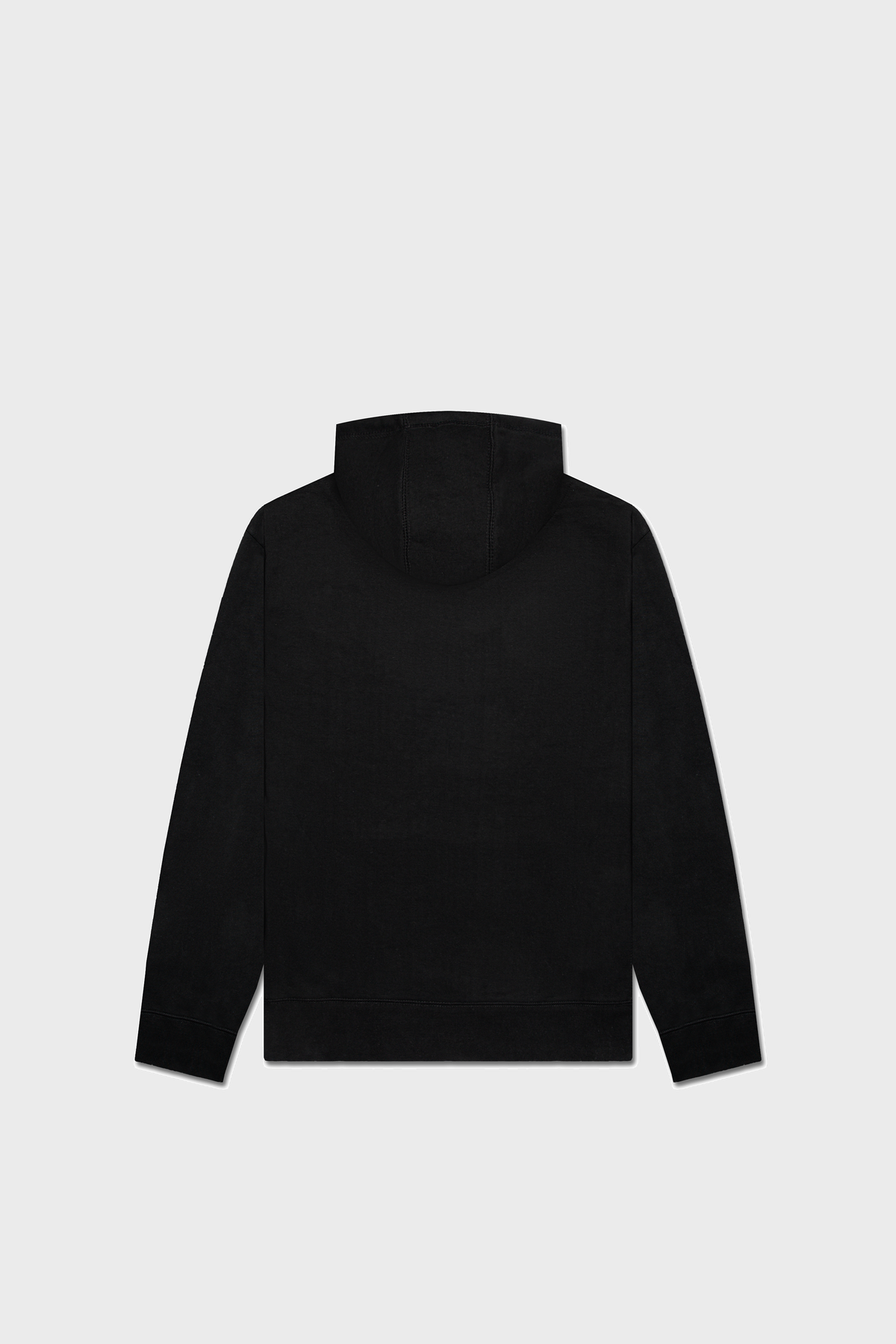 Back view of the MAISON MENACE Evolution Hoodie, a heavyweight fleece in plain black on a light gray background, made from organic cotton with long sleeves and a hood without drawstrings.