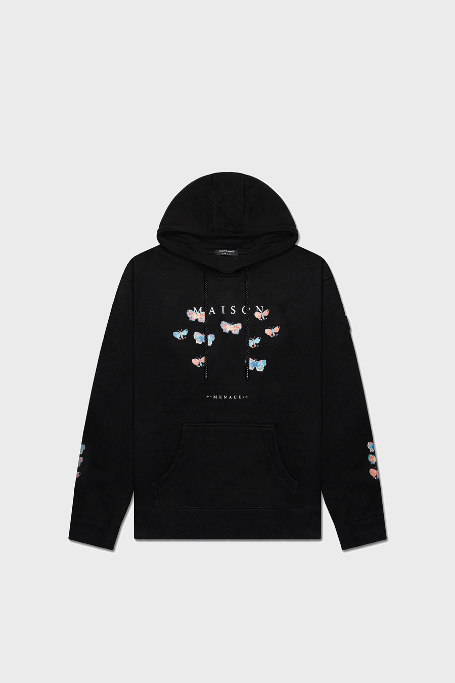 The Evolution Hoodie by MAISON MENACE is a black heavyweight fleece hoodie with a watercolor butterfly print and the brand name on the front. Made from organic cotton, it features butterfly designs on the sleeves, a drawstring hood, and a front pocket.