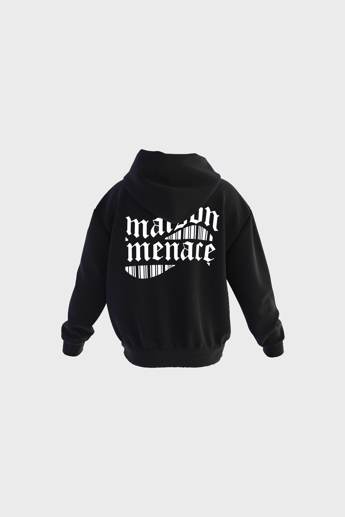 The Gothique Hoodie from MAISON MENACE is an oversized cotton hoodie with a striking white graphic on the back, showcasing maison menace in gothic text above a barcode design, all on a plain gray background.