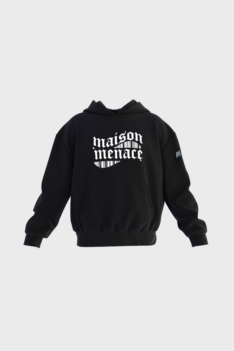 The Gothique Hoodie from MAISON MENACE is a black cotton piece with maison menace in bold gothic text. It features long sleeves, an oversized fit, and is set against a plain light gray background.
