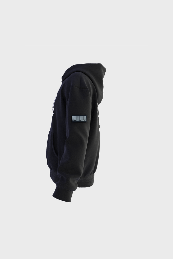 Side view of the black cotton Gothique Hoodie by MAISON MENACE featuring an embroidered rectangular patch on the sleeve. The oversized fit showcases subtle gothic text print against a light gray background.