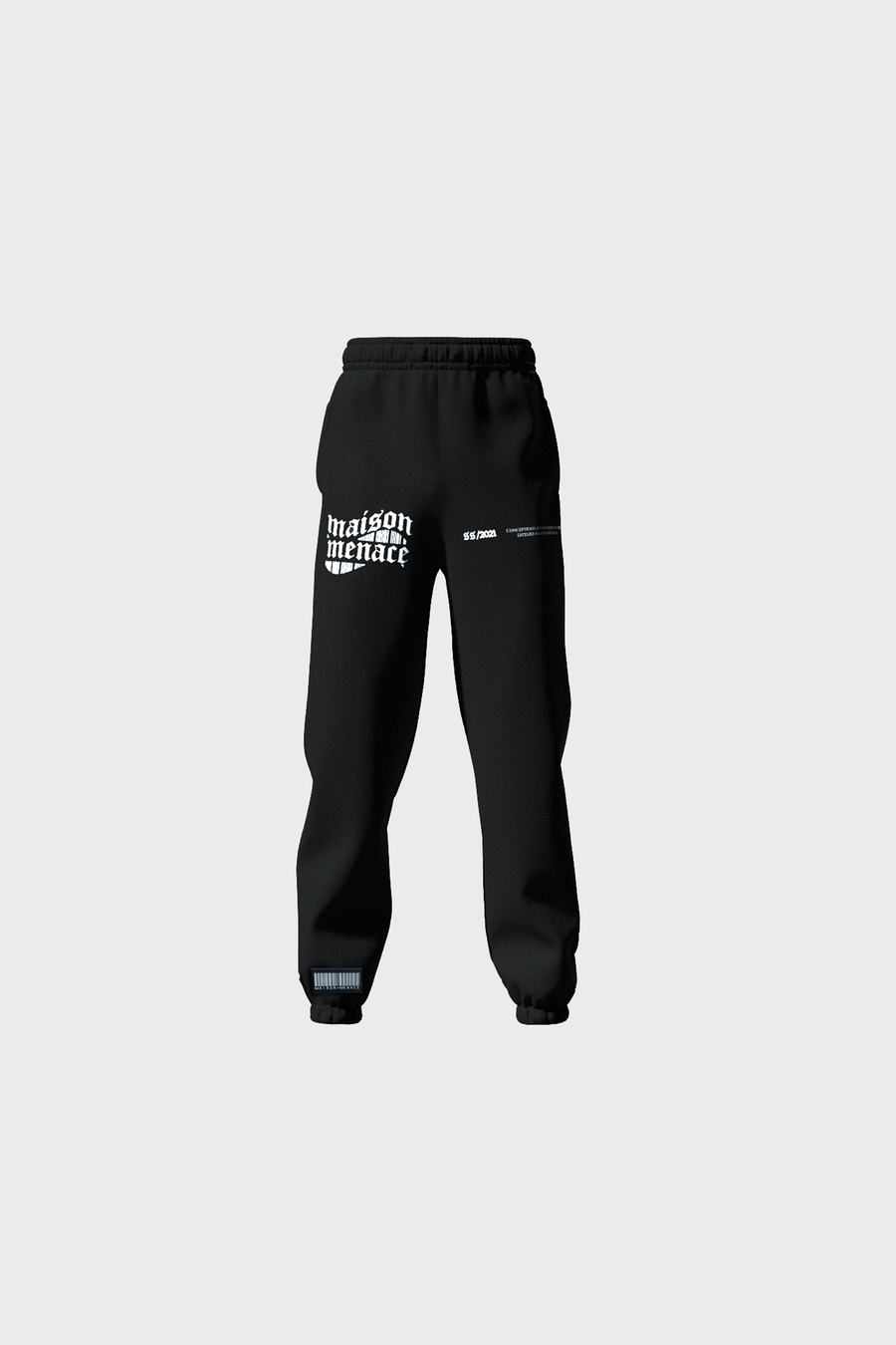 Jet black Gothique Sweatpants by MAISON MENACE feature maison menace on the left thigh and 06.2024 on the right. Crafted in Portugal with an elastic waistband and cuffs, these jogger pants are set against a light gray background.
