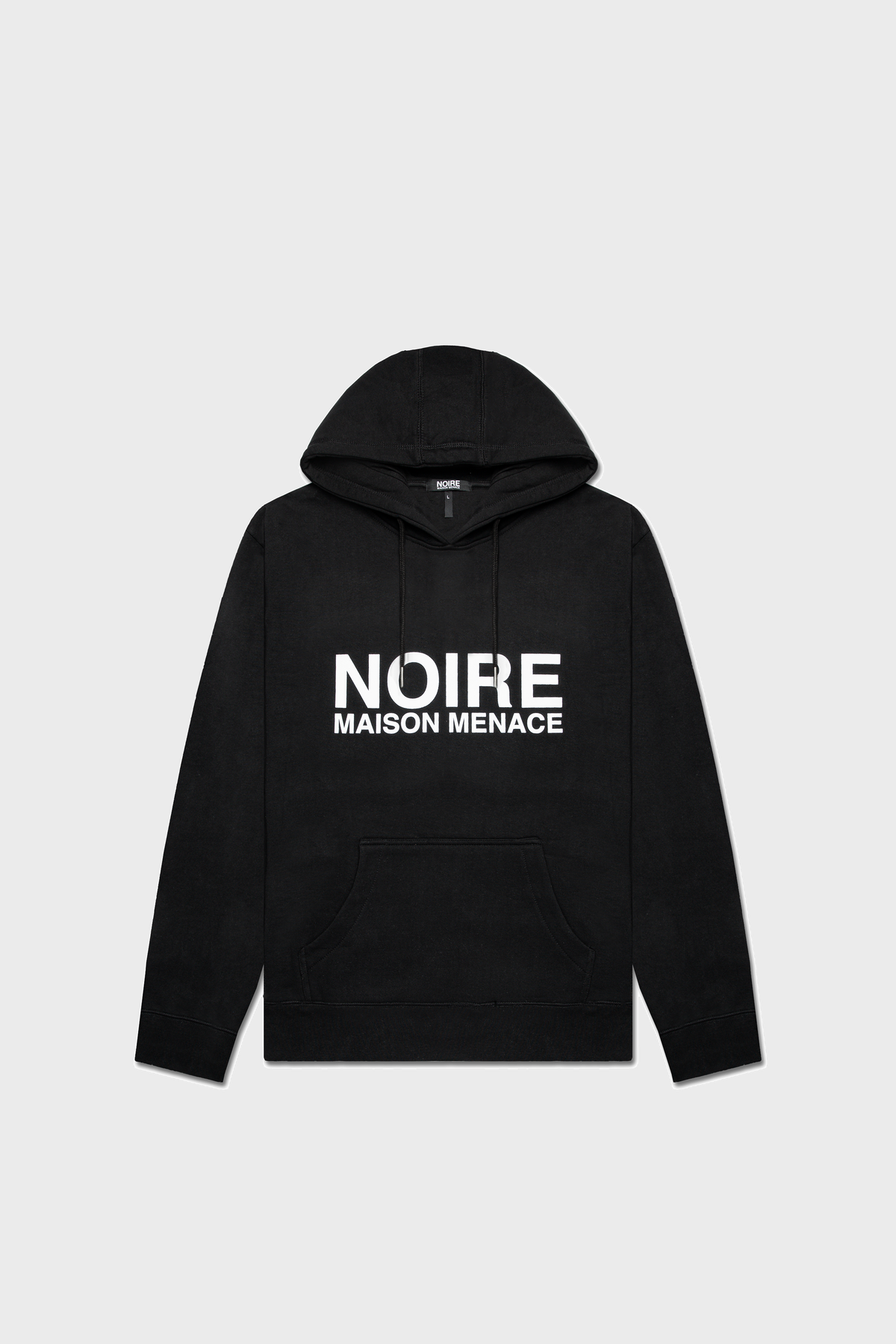 The Noire Classic Hoodie from MAISON MENACE features NOIRE MAISON MENACE in bold white letters on the front of an organic cotton pullover. Its plain gray background combines modern style with eco-friendly design.