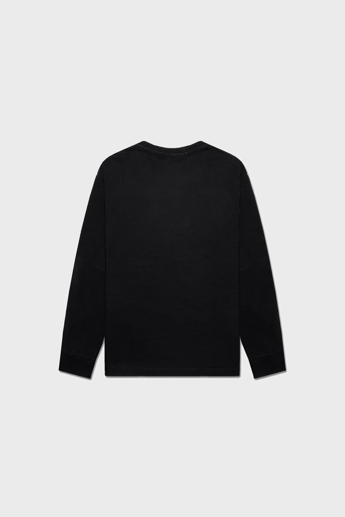 The Noire Classic Long Sleeve Shirt by MAISON MENACE is showcased on a light gray background. Made from American-grown SUPIMA® cotton, this plain black shirt features a minimalist design without visible logos or patterns, highlighting its organic quality.