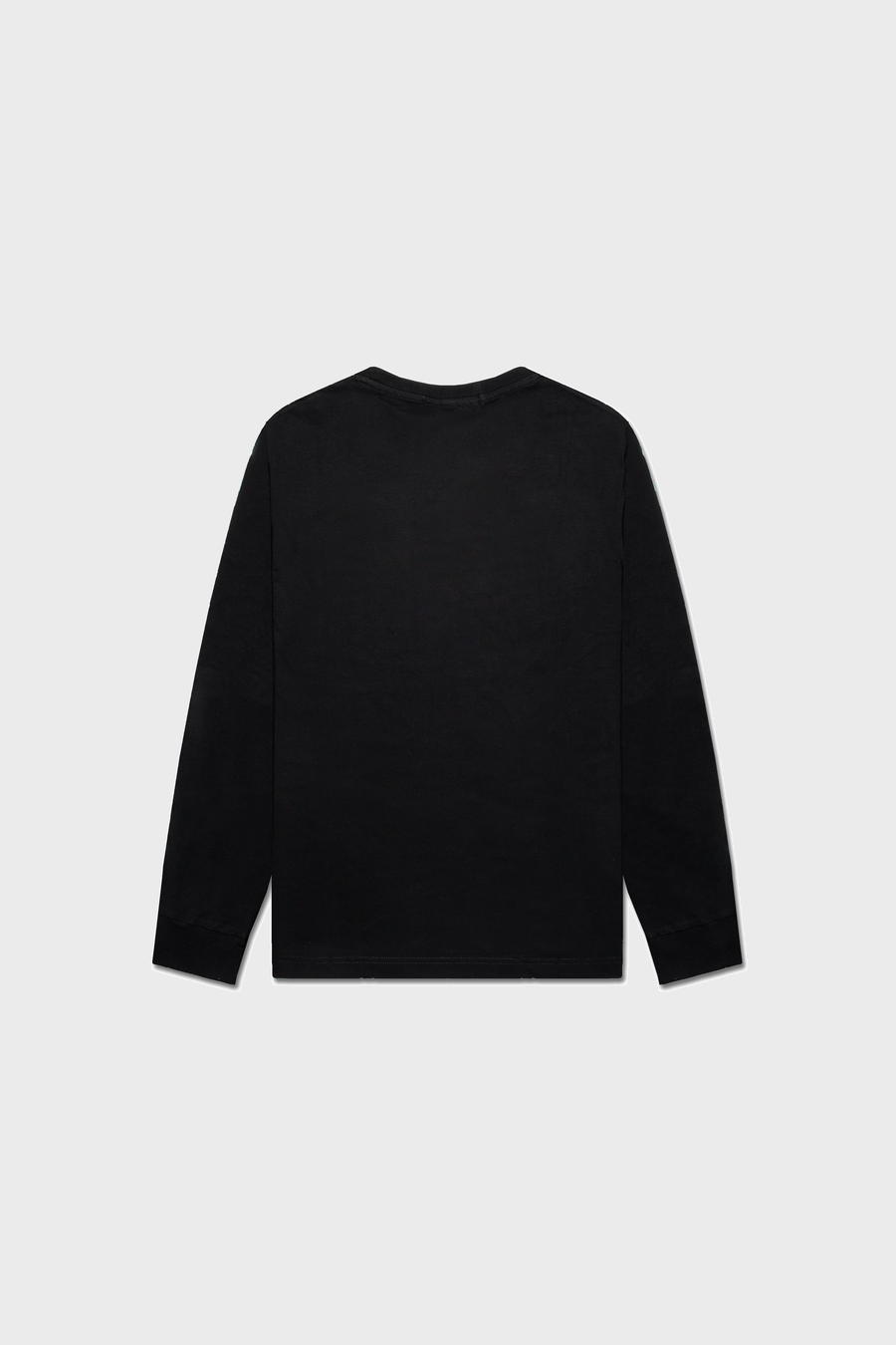 The Noire Classic Long Sleeve Shirt by MAISON MENACE is showcased on a light gray background. Made from American-grown SUPIMA® cotton, this plain black shirt features a minimalist design without visible logos or patterns, highlighting its organic quality.