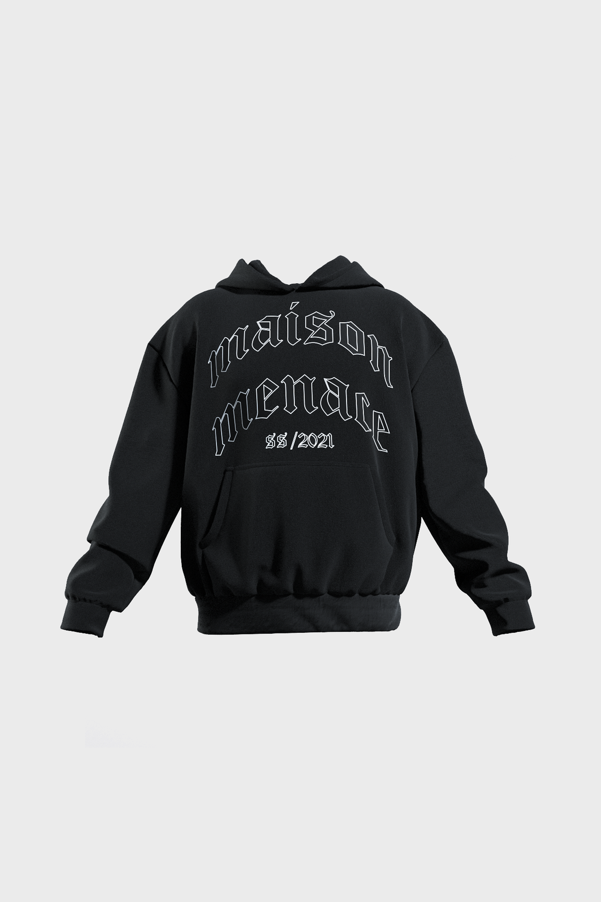 The Old London Hoodie by MAISON MENACE is a black, heavyweight cotton piece with maison menace in bold gothic text on the front and 22/2021 below. It features an oversized fit, long sleeves, a front pocket, and stands out against a plain white backdrop.