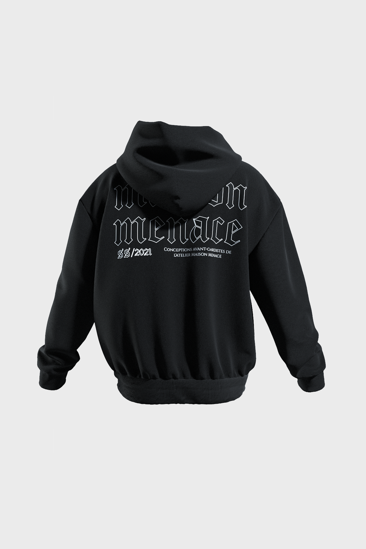 The Old London Hoodie by MAISON MENACE is a heavyweight cotton hoodie with mission menace in gothic text on the back, plus smaller matching designs. It features an oversized fit, hood, and ribbed cuffs and hem.